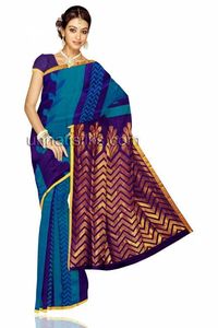 Superb glorious ink blue and green color uppada handloom pure silk saree with matching blouse.This weaving saree has got all over thread weaving zigzag lines along with plain zari weaving small border on either side.And it has floral,zigzag lines zari wea...